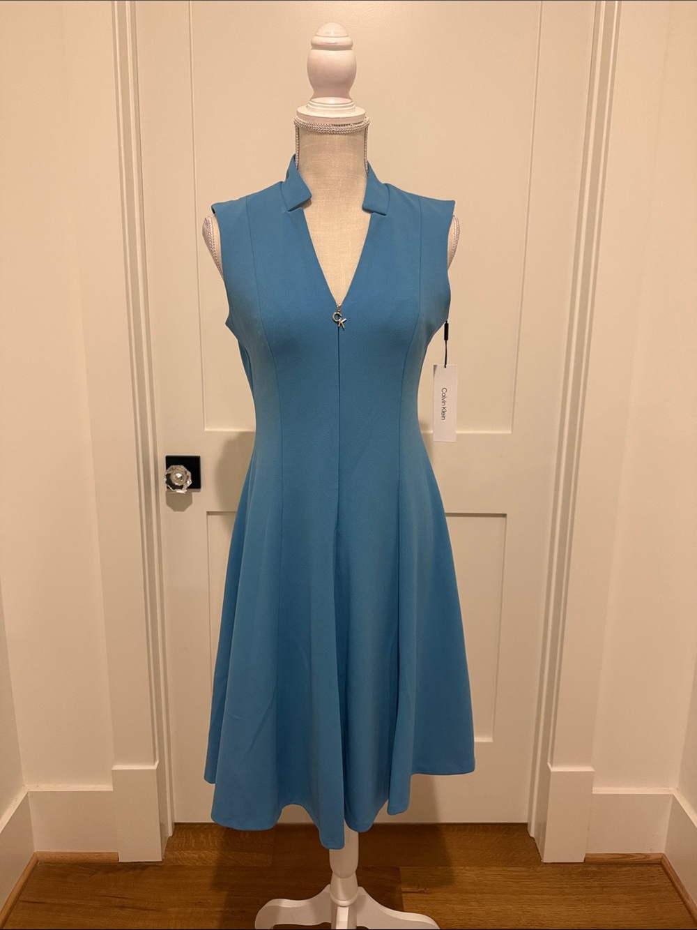 Calvin Klein Sleeveless V-Neck Fit-and-Flare Dress in Teal